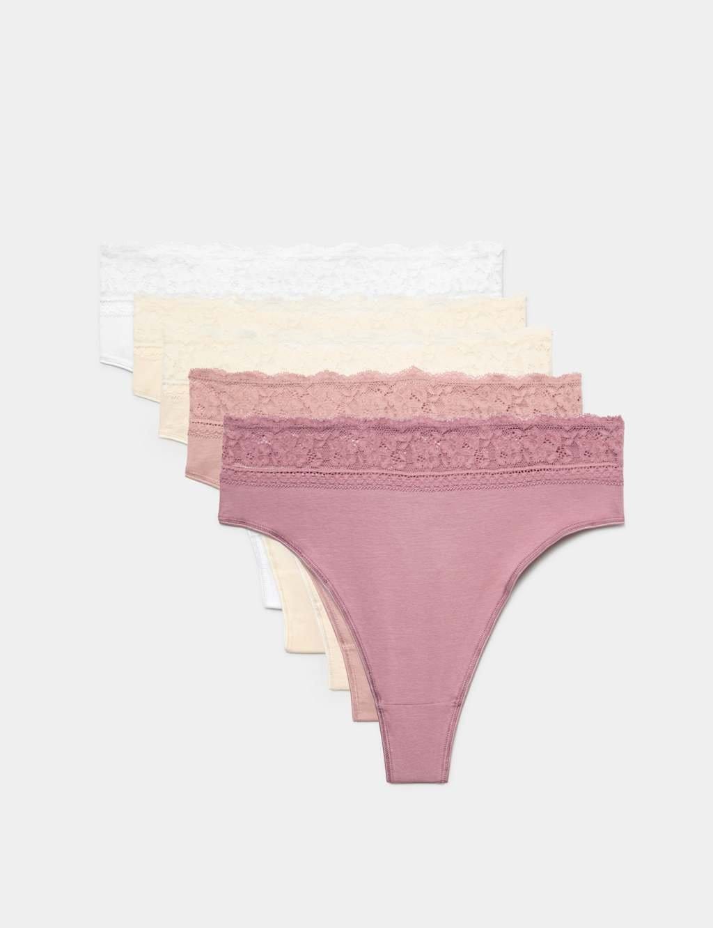 Marks & Spencer M&S 5pk Cotton Blend High Waisted Thongs Dusky Pink - 1