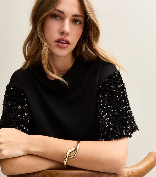 New Look Women's Black Sequin Sleeve Short Sleeve Top New Look - 2