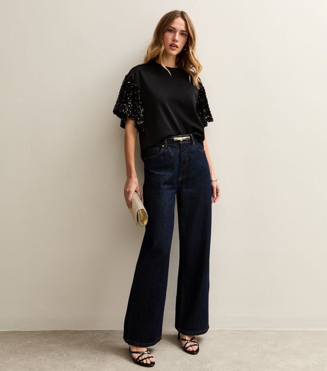 New Look Women's Black Sequin Sleeve Short Sleeve Top New Look - 3