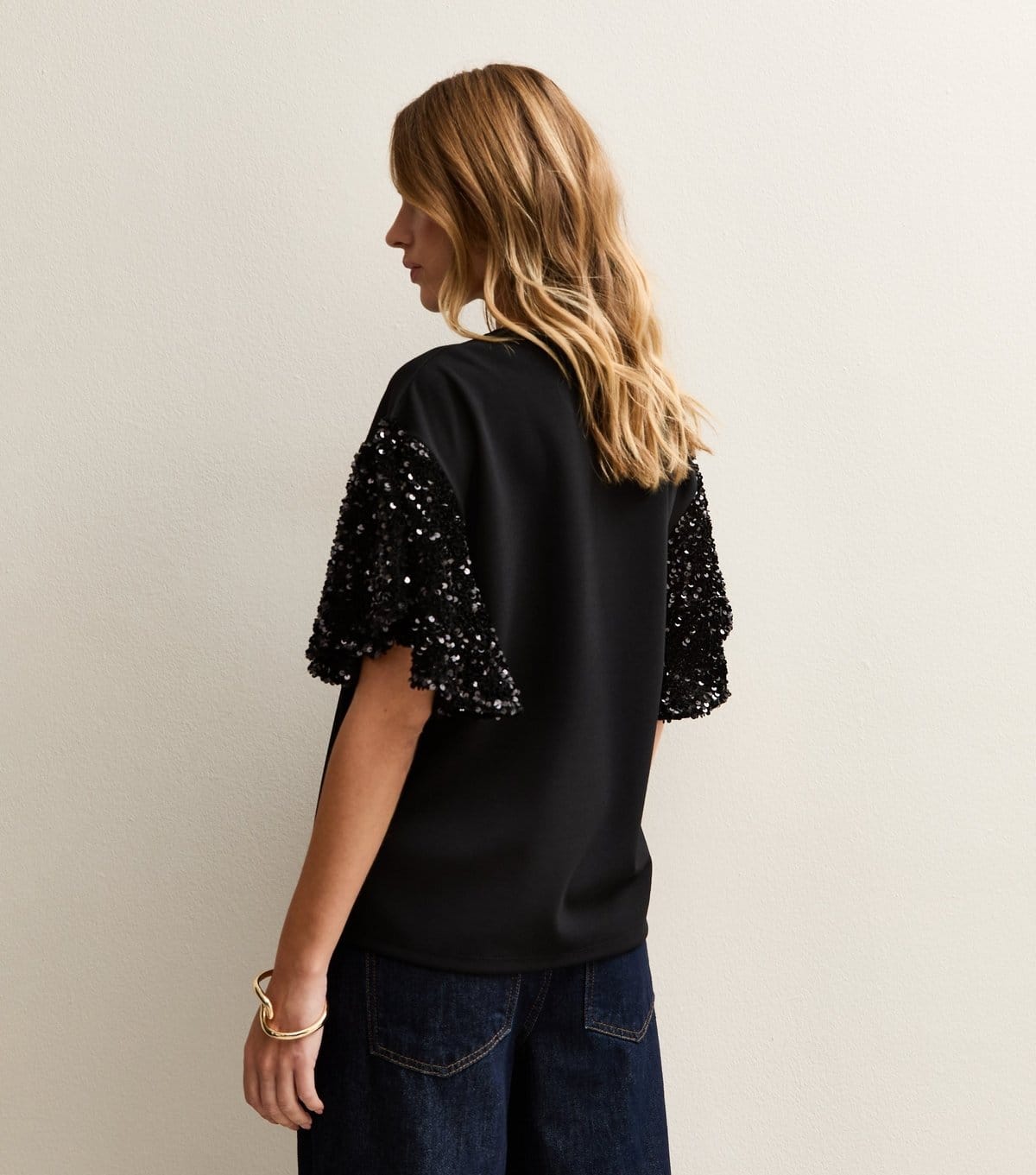 New Look Women's Black Sequin Sleeve Short Sleeve Top New Look - 4