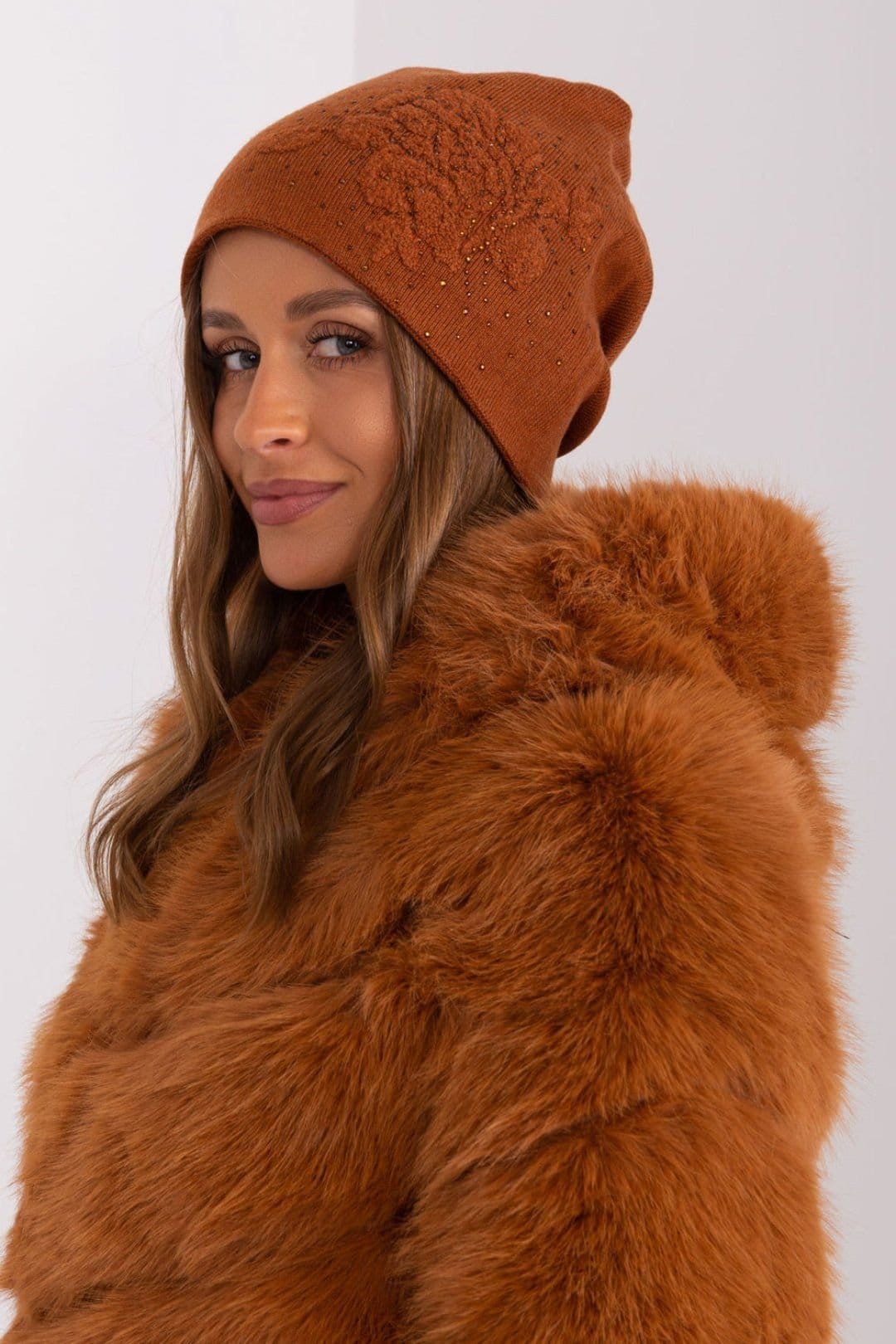 Love Lace Love Lace Women's Warm Winter Cashmere Beanie Hat With Decorative Rhinestone Trim in Brown - 4