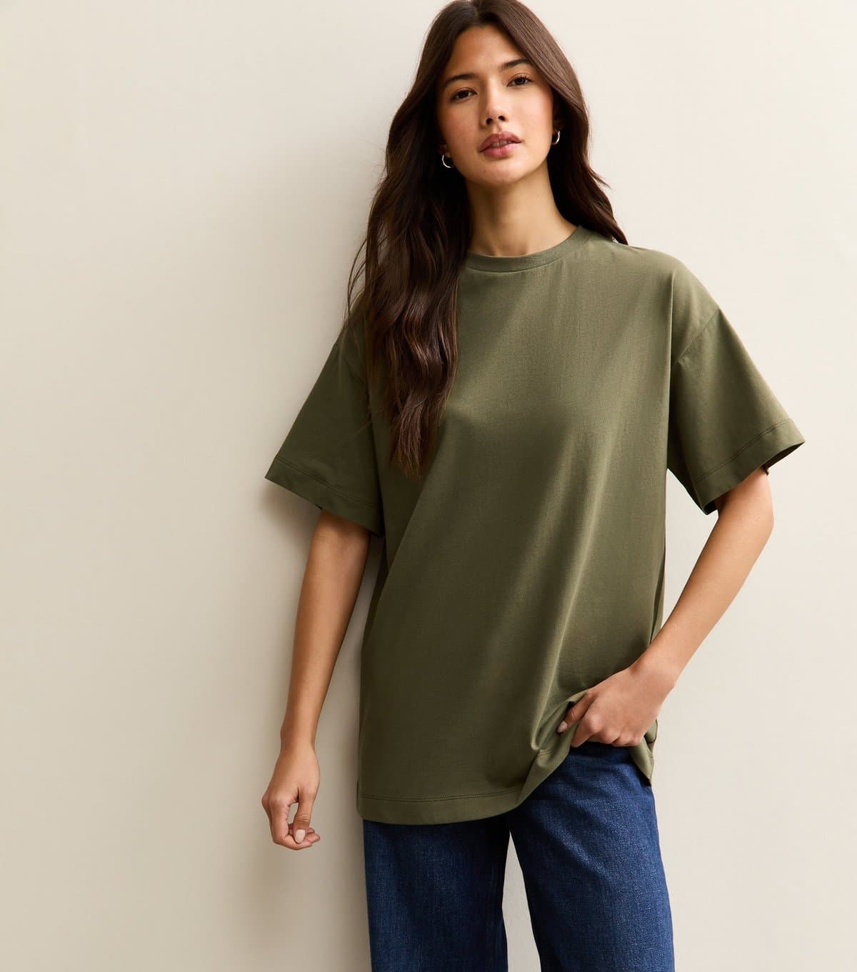 New Look Women's Dark Khaki Cotton Oversized T-Shirt New Look