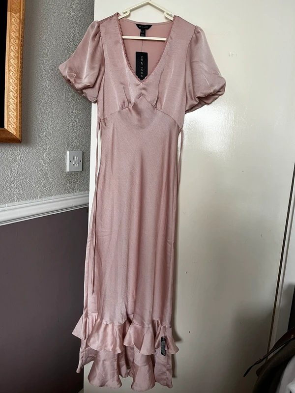 New Look Pink ruffle trim flutter sleeve wrap midi dress with asymmetric layered hem (UK 10) - 1