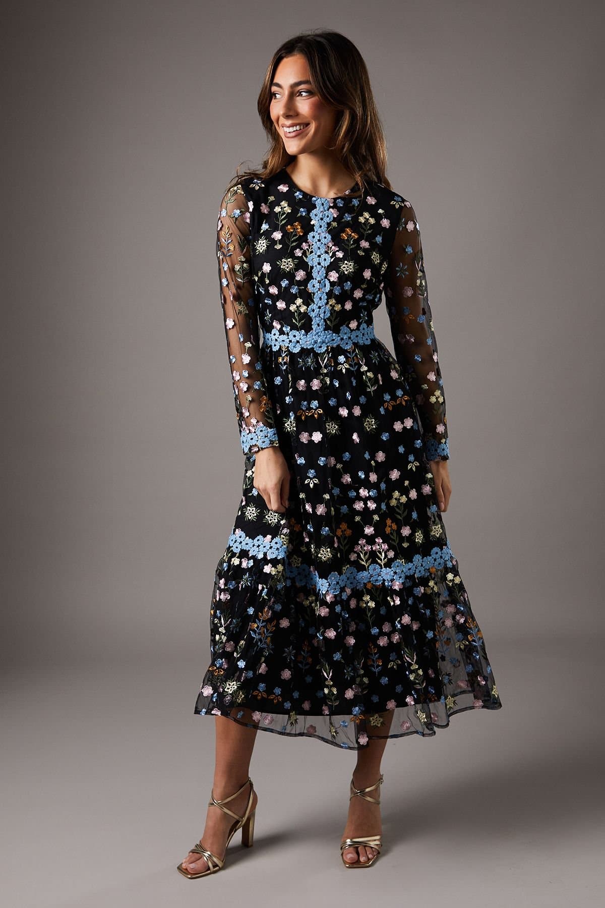 Coast Coast Women's Embroidered Floral Midi Dress in Black