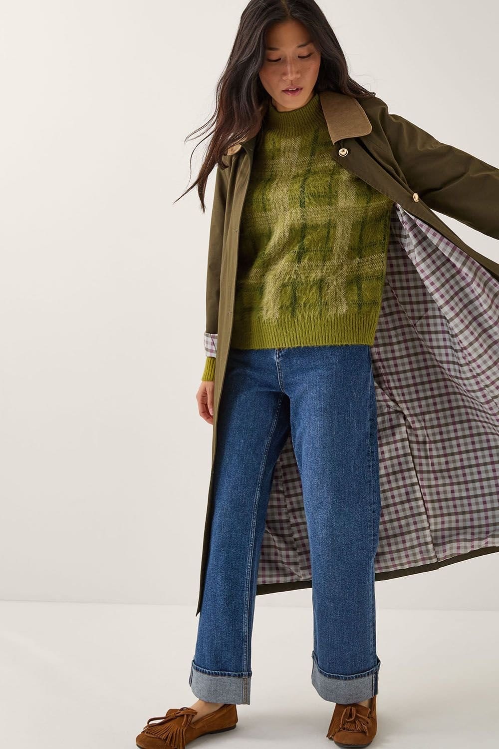 Monsoon Monsoon Women's Cleo Brushed Check Print Jumper Green - 4