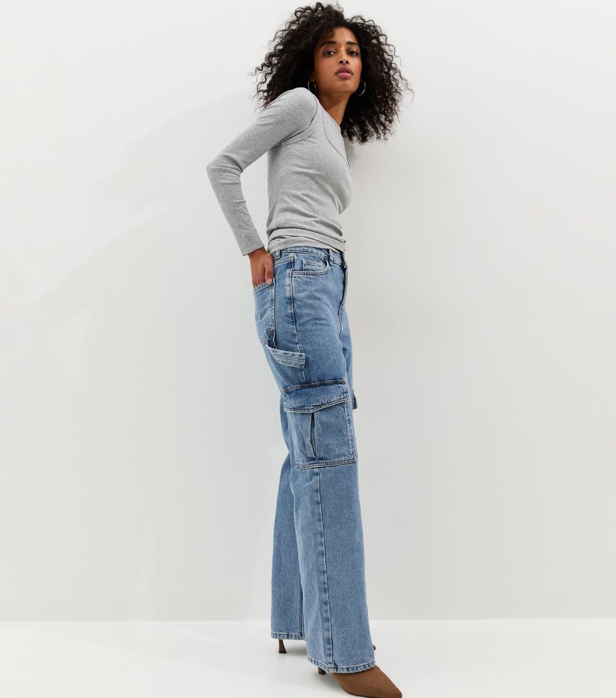 New Look Women's Blue High Waist Cargo Jeans New Look