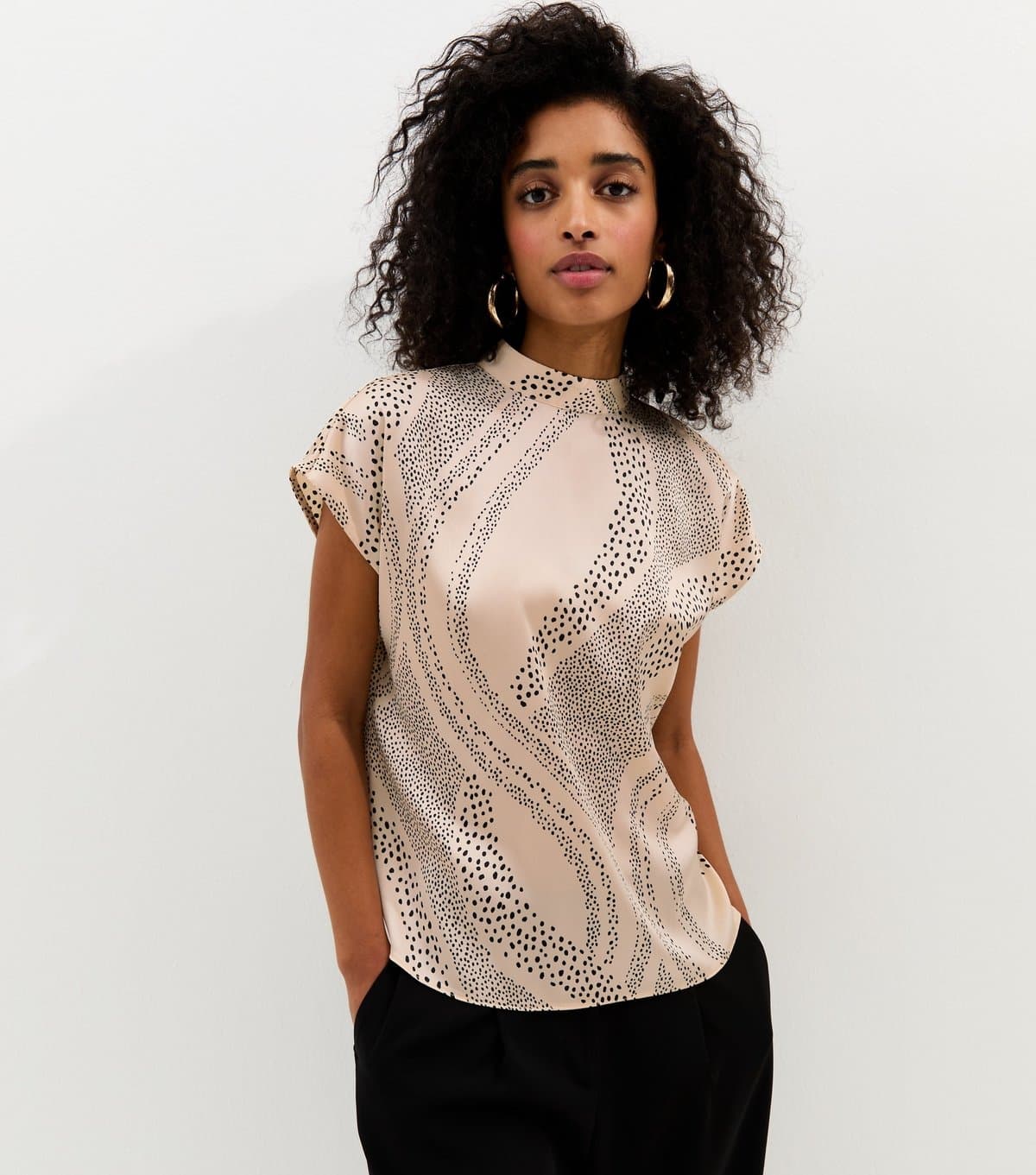 New Look New Look Cream Satin Swirly Print High Neck Blouse