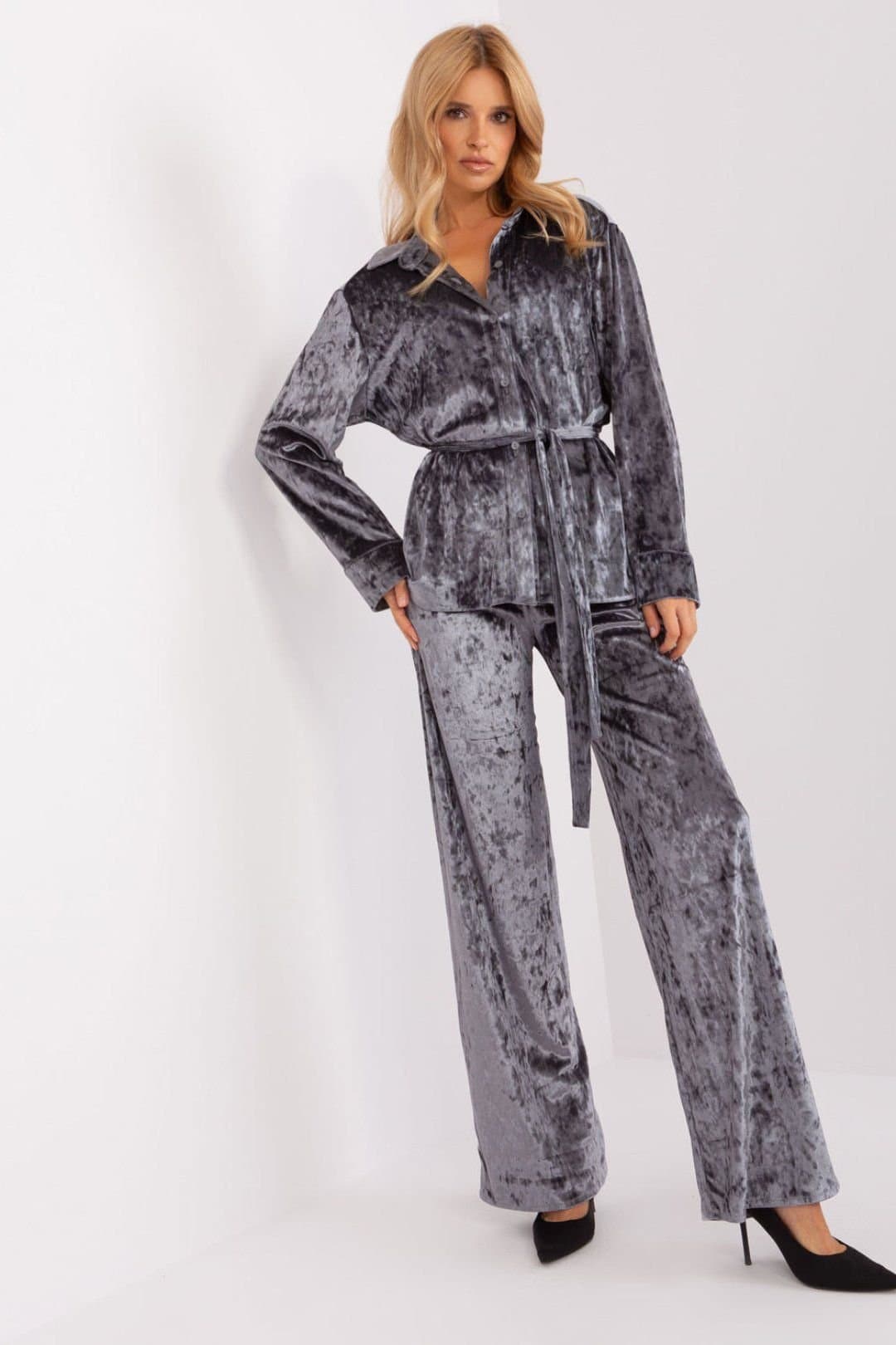 Love Lace Love Lace Women's Velour Button Up Top & Wide Leg Pants Set in Grey