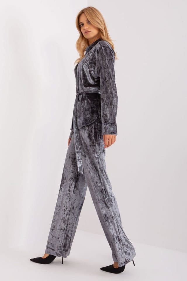 Love Lace Love Lace Women's Velour Button Up Top & Wide Leg Pants Set in Grey - 2