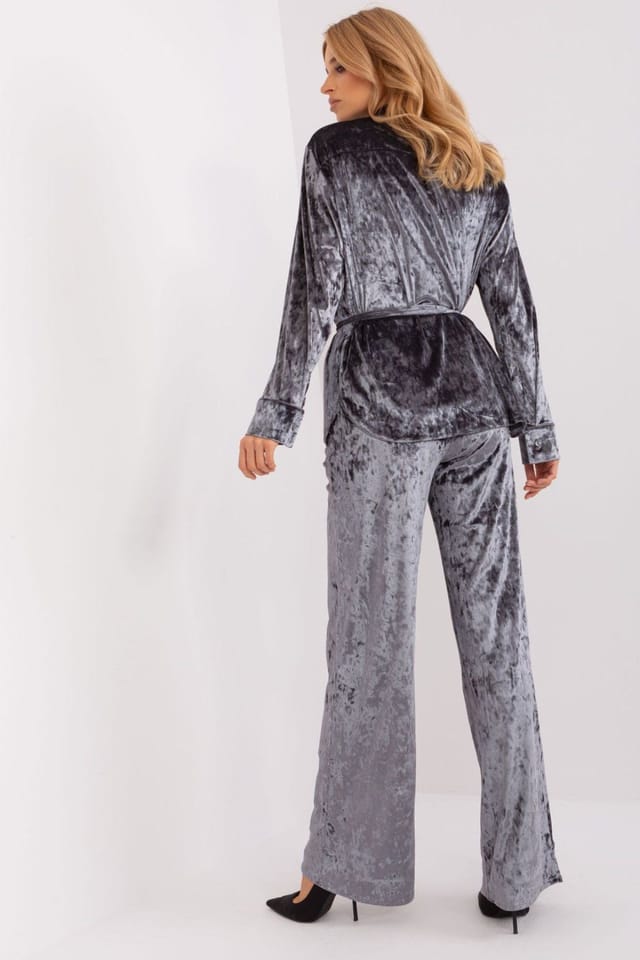 Love Lace Love Lace Women's Velour Button Up Top & Wide Leg Pants Set in Grey - 3