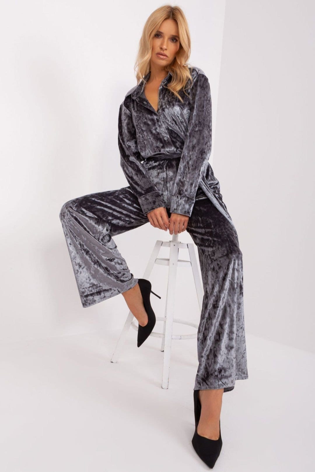 Love Lace Love Lace Women's Velour Button Up Top & Wide Leg Pants Set in Grey - 4
