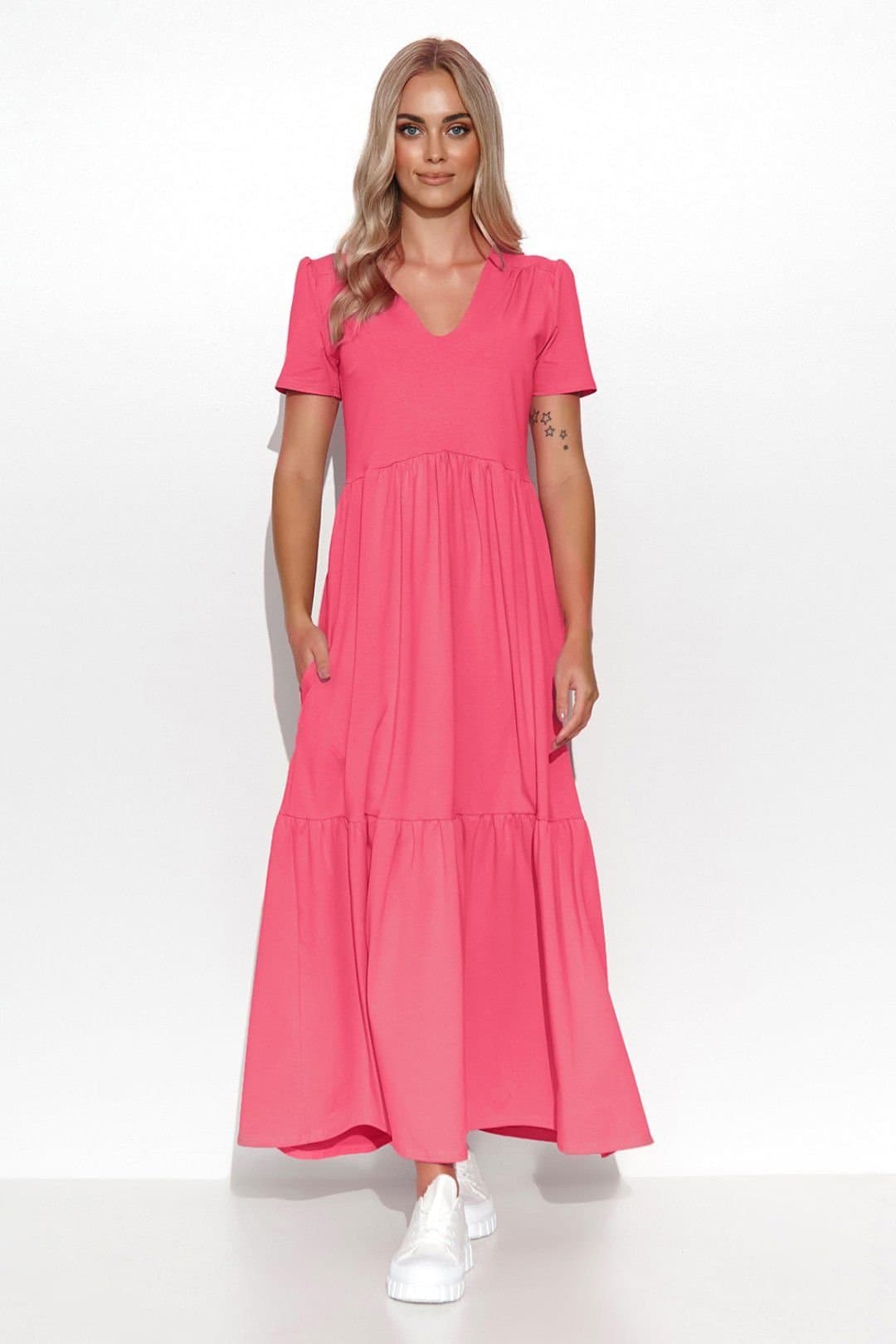 Love Lace Love Lace Women's Maxi Knit V Neck Ruffle Dress in Pink