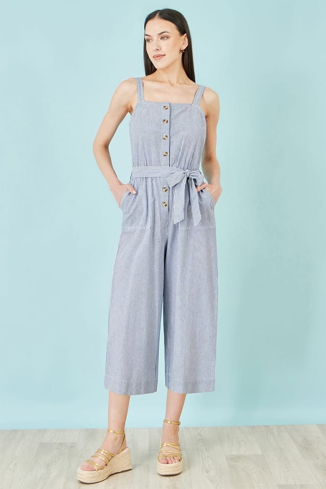 Yumi Yumi Women's Blue Cotton Stripe Button Through Jumpsuit - 2