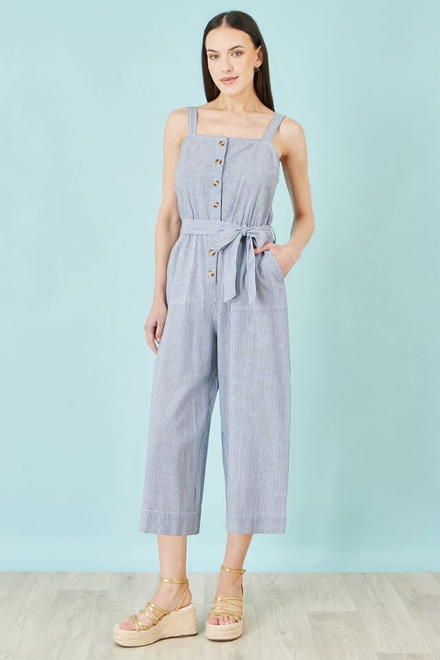 Yumi Yumi Women's Blue Cotton Stripe Button Through Jumpsuit - 3