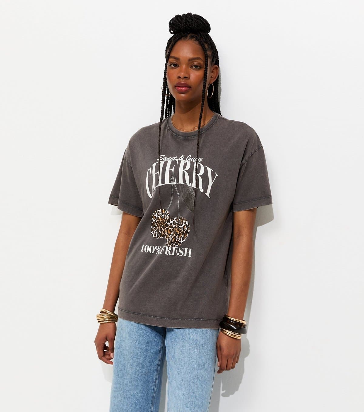 New Look Women's Dark Grey Cotton Print Cherry Print Oversized T-Shirt New Look