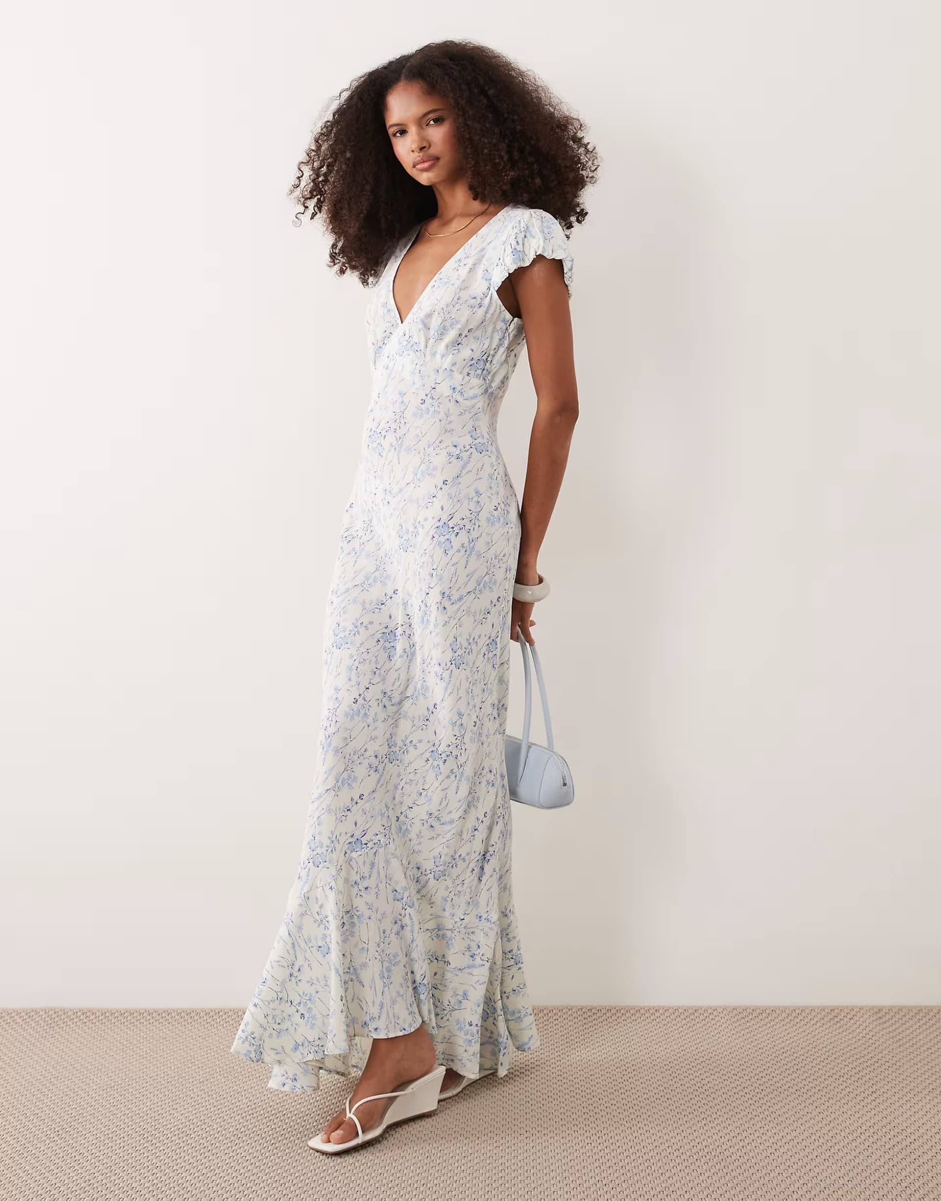 ASOS ASOS DESIGN puff sleeve v neck maxi tea dress in blue floral