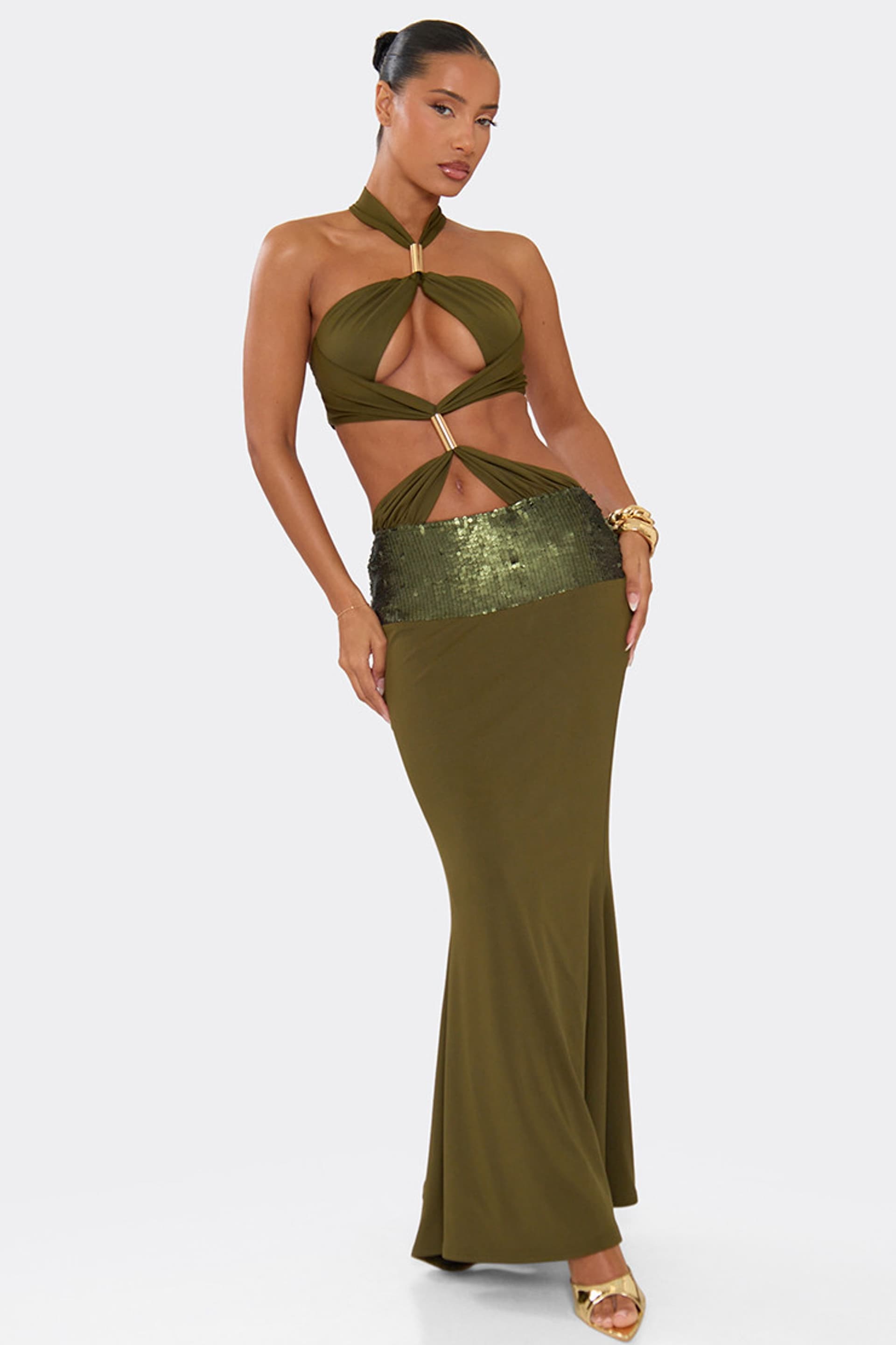 EGO EGO Women's Strappy Halter Neck Cut Out Contrast Maxi Dress in Green