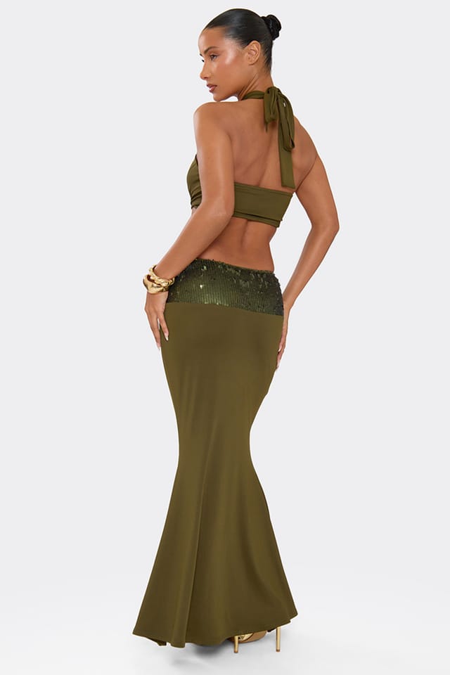 EGO EGO Women's Strappy Halter Neck Cut Out Contrast Maxi Dress in Green - 2