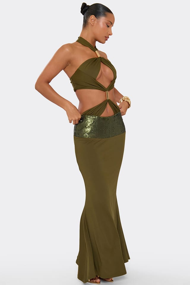 EGO EGO Women's Strappy Halter Neck Cut Out Contrast Maxi Dress in Green - 3