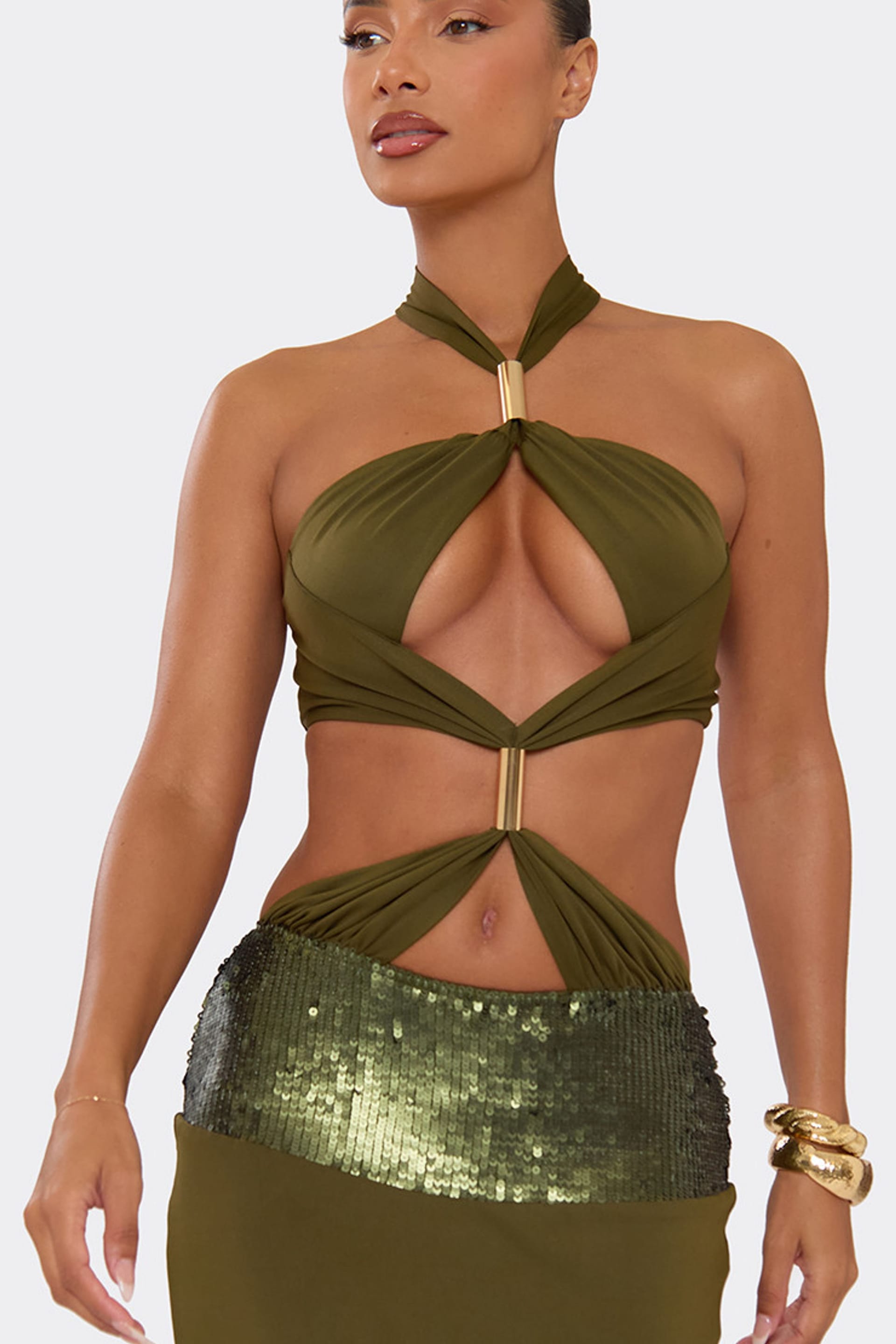 EGO EGO Women's Strappy Halter Neck Cut Out Contrast Maxi Dress in Green - 4