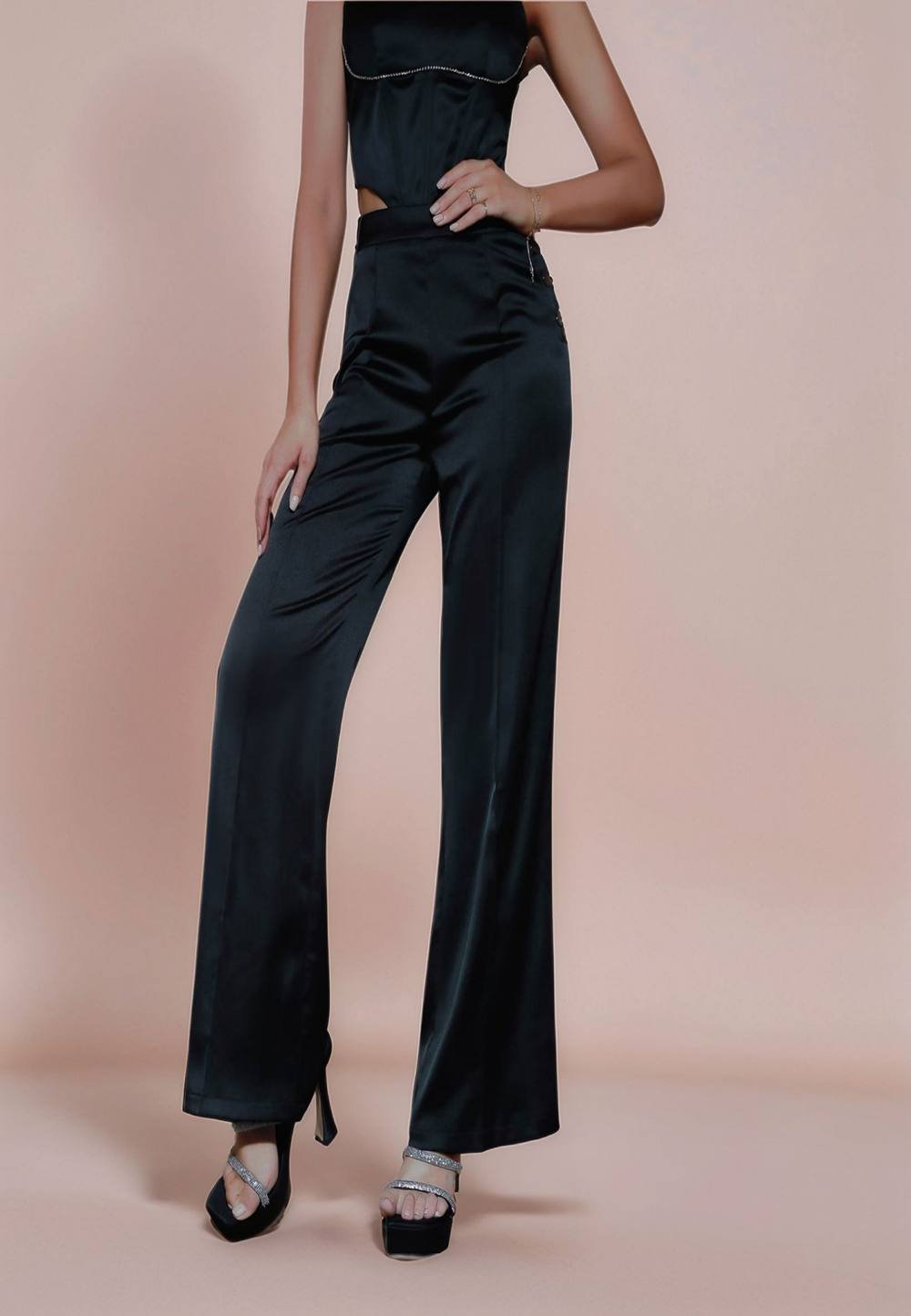 Divine Grace Divine Grace Women's Black Satin Wide Leg Trousers - 3