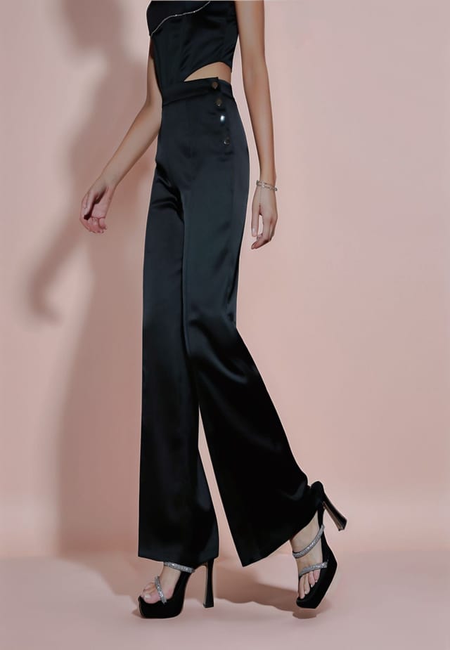 Divine Grace Divine Grace Women's Black Satin Wide Leg Trousers - 3