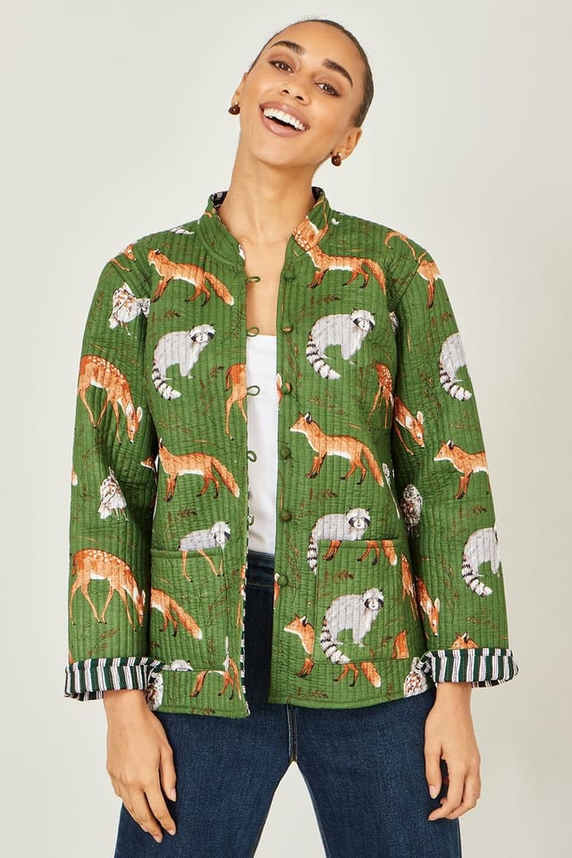 Yumi Yumi Women's Green Fox Reversible Cotton Quilted Jacket - 2