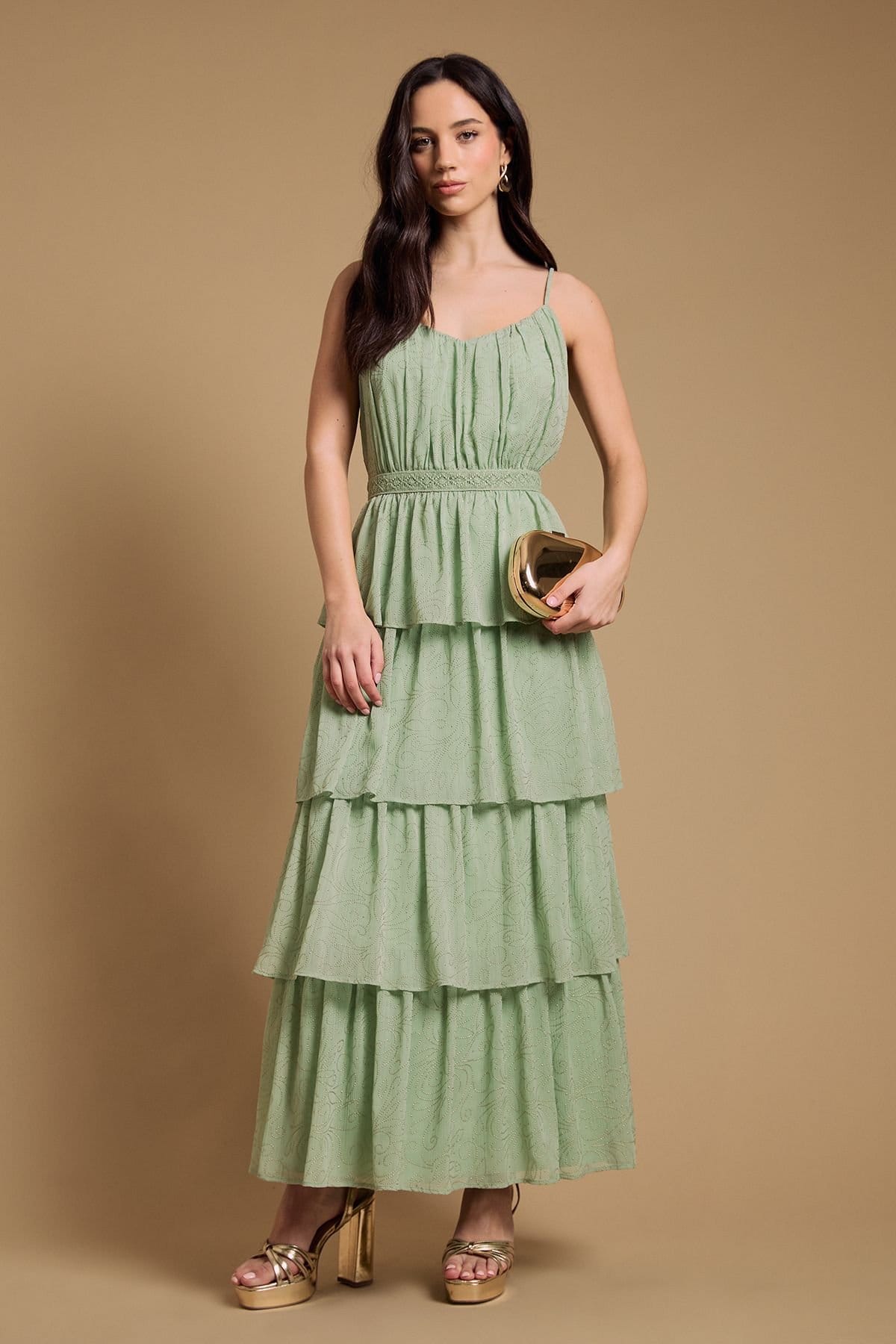 Oasis Light Green Chiffon Tiered Frill Midi Dress