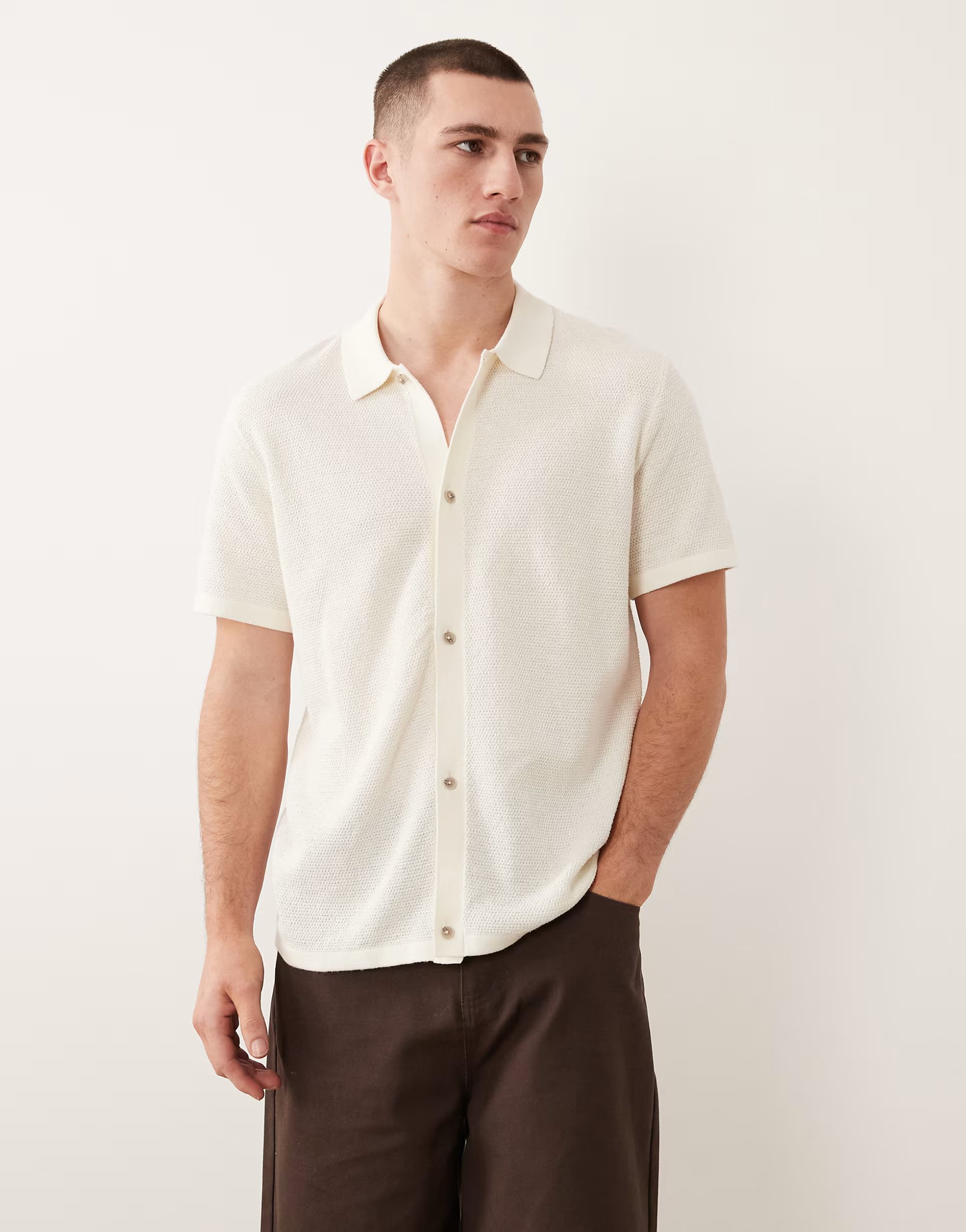 ASOS Jack & Jones knitted shirt with short sleeves in off white - 1