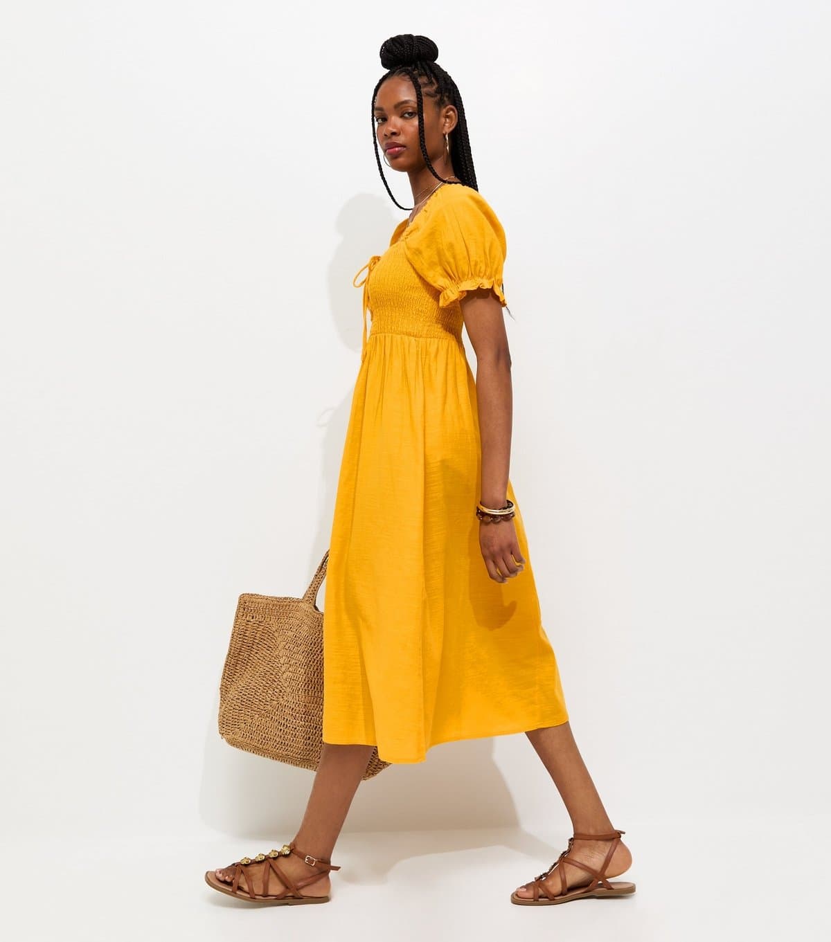 New Look Women's Dark Yellow Cotton Shirred Short Sleeve Midi Dress New Look