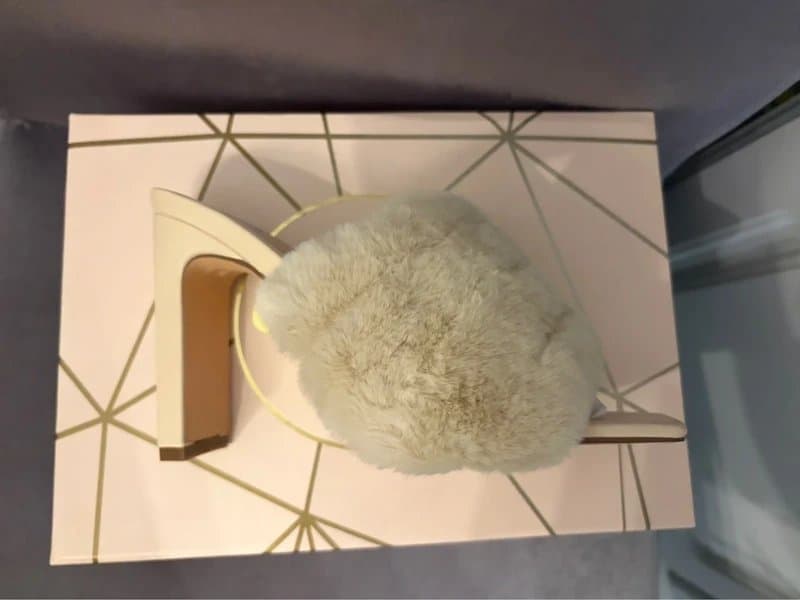 Essex Glam Backless Fluffy faux fur cream beige nude mule block heel shoe occasion wedding party slipper