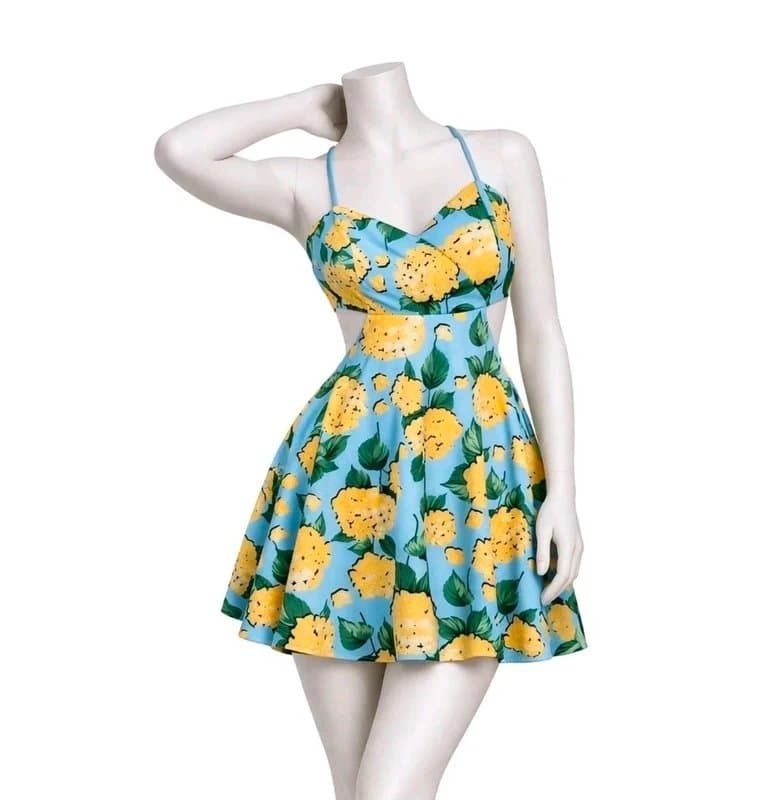 ASOS ASOS Blue Floral Scuba Skater Dress UK 14 Summer Holiday Party Cut Out Back