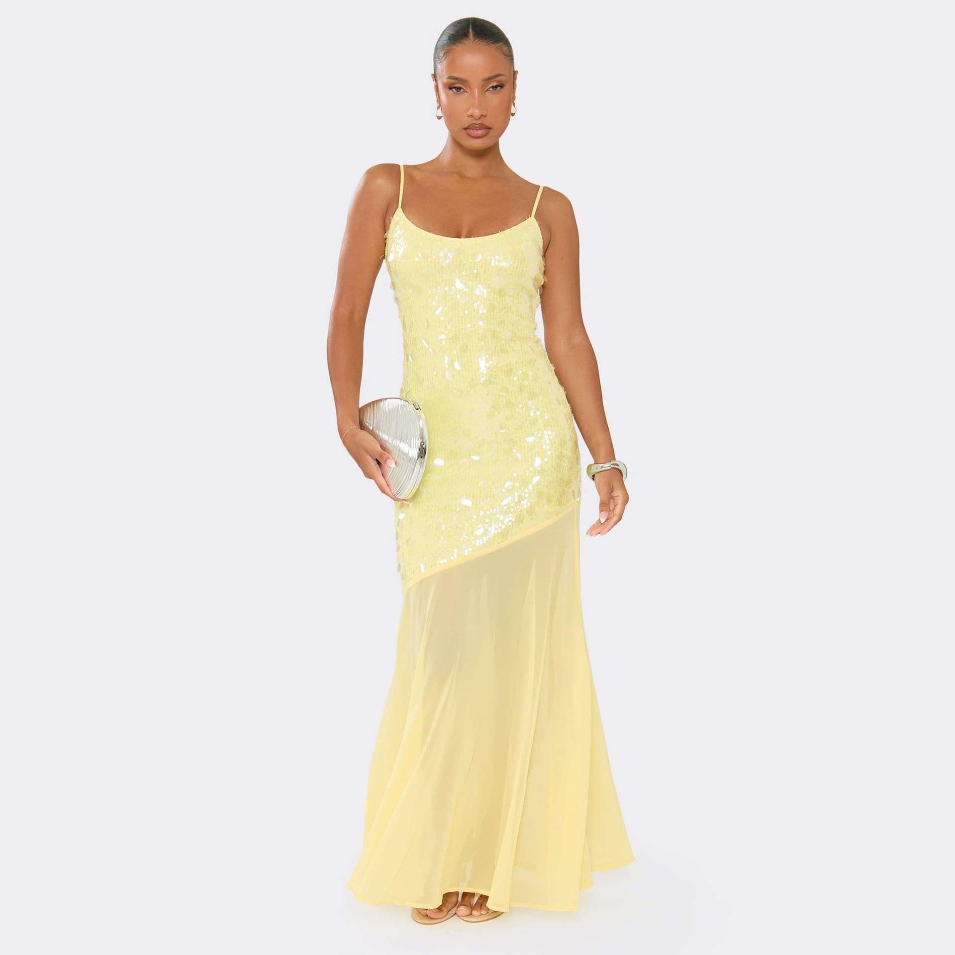 EGO Strappy Asymmetrical Dropped Waist Maxi Dress In Lemon Sequin, Women's Size UK 6