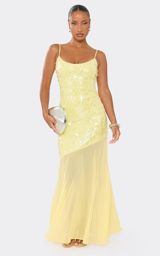EGO Strappy Asymmetrical Dropped Waist Maxi Dress In Lemon Sequin, Women's Size UK 6 - 2