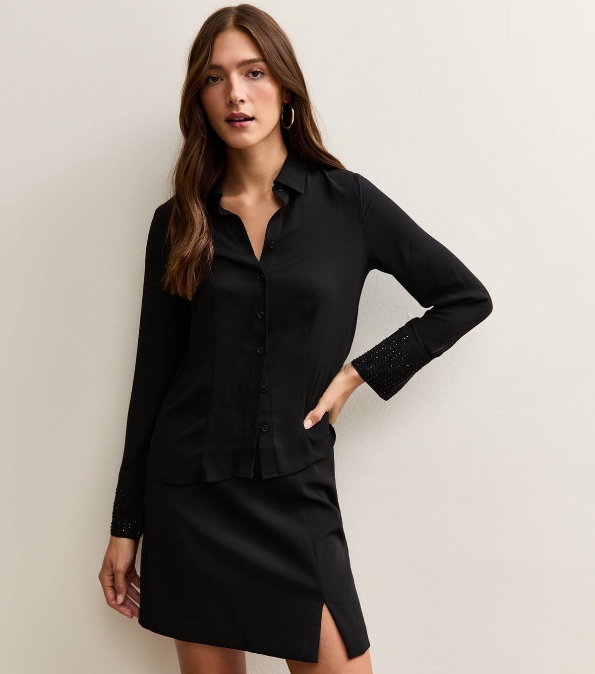 New Look Women's Black Sequin Cuff Long Sleeve Shirt New Look