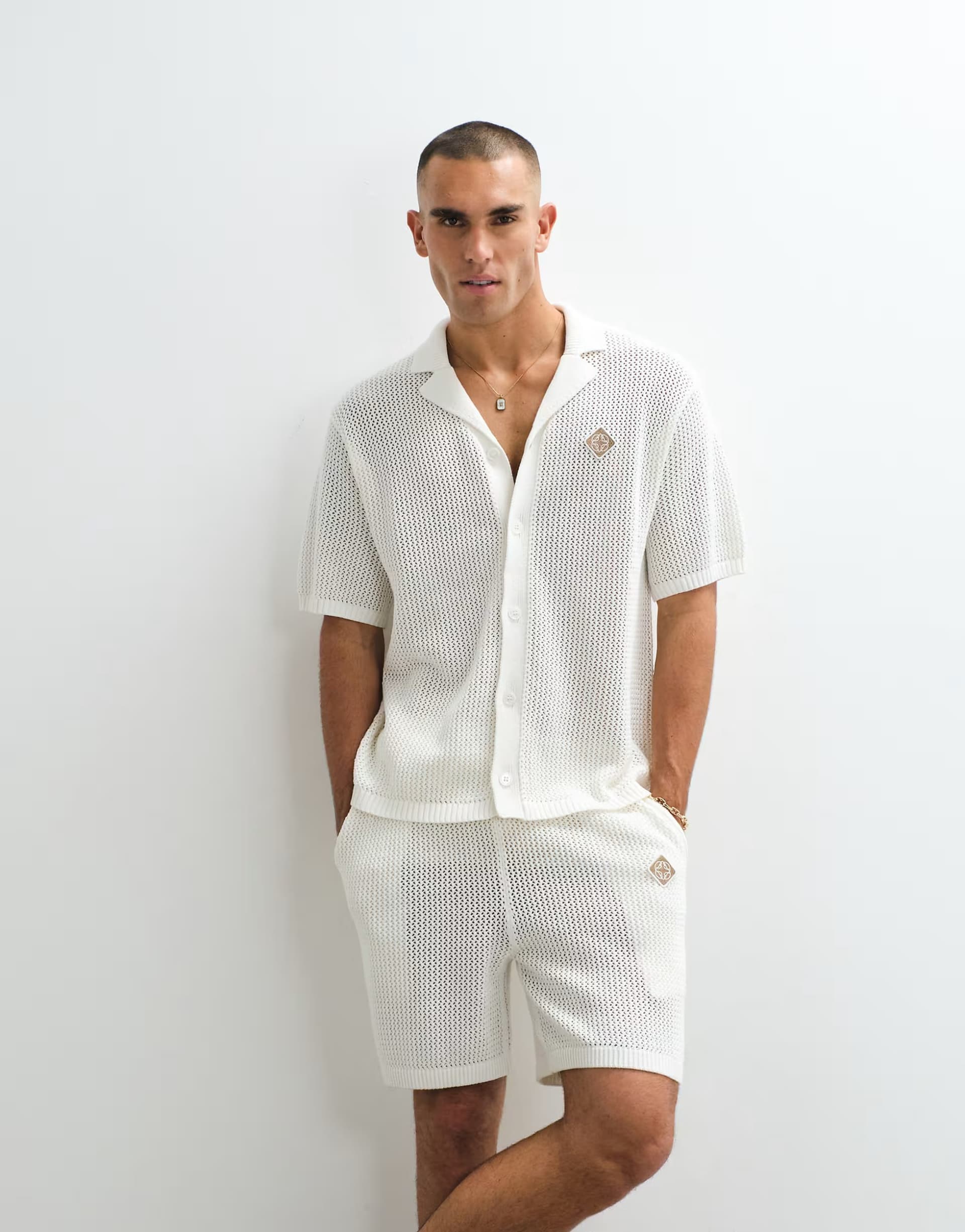 ASOS Belier revere collar logo patch crochet shirt co-ord in white