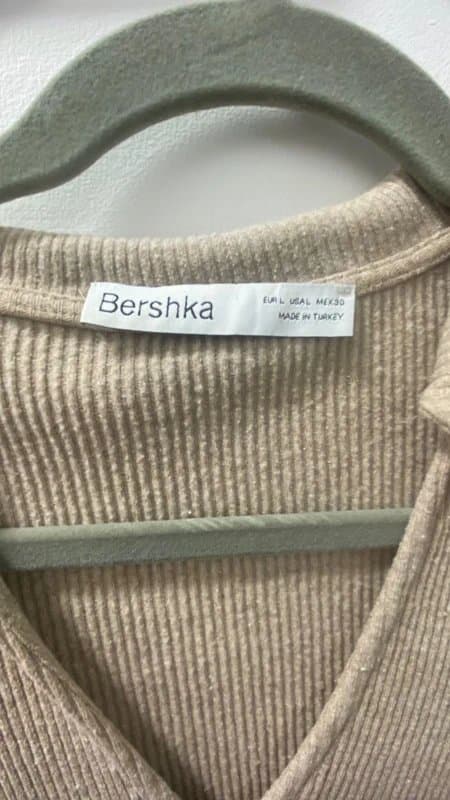 Bershka Bershka beige ribbed long sleeve mini dress ruched on the front
