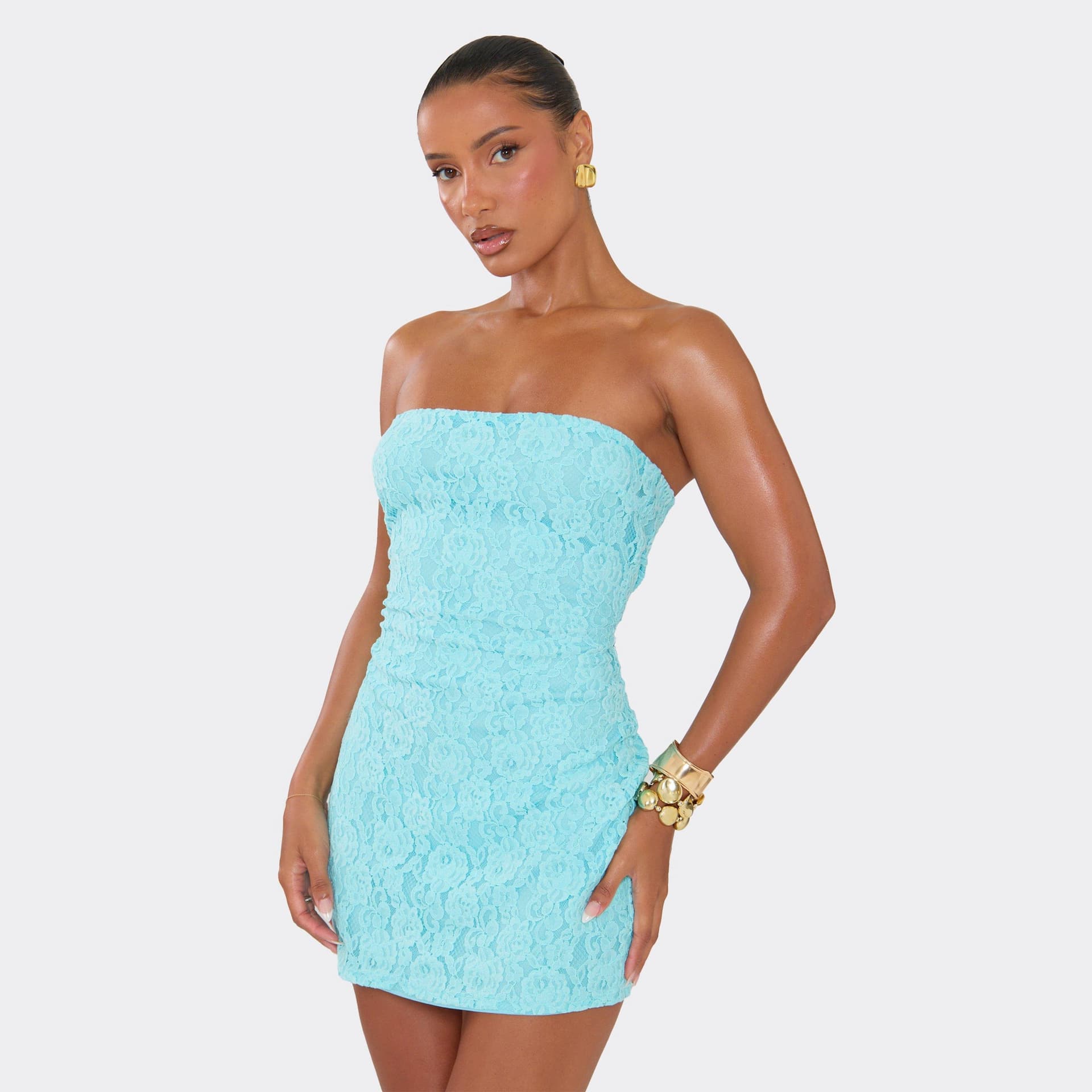 EGO Bandeau Mini Dress In Aqua Blue Lace, Women's Size UK 12