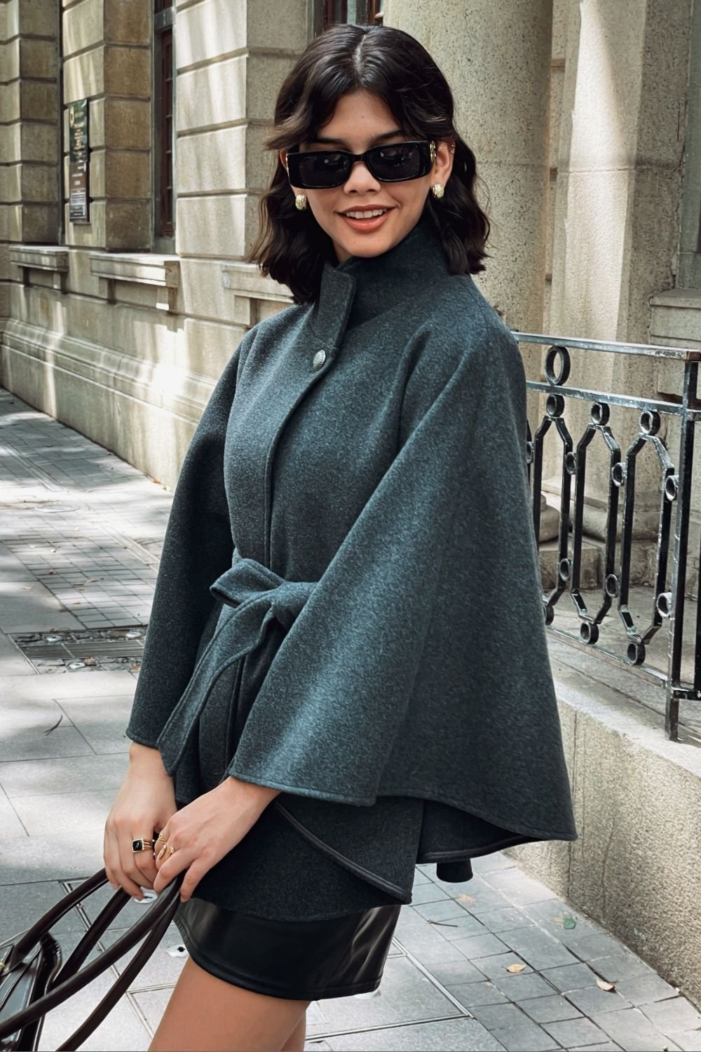 OUTTA BOX OUTTA BOX Women's Belted Sleeveless Wool Cape Coat in Dark Grey - 3