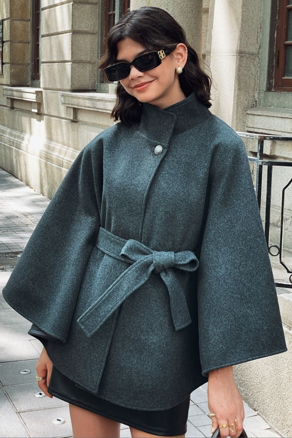 OUTTA BOX OUTTA BOX Women's Belted Sleeveless Wool Cape Coat in Dark Grey - 4