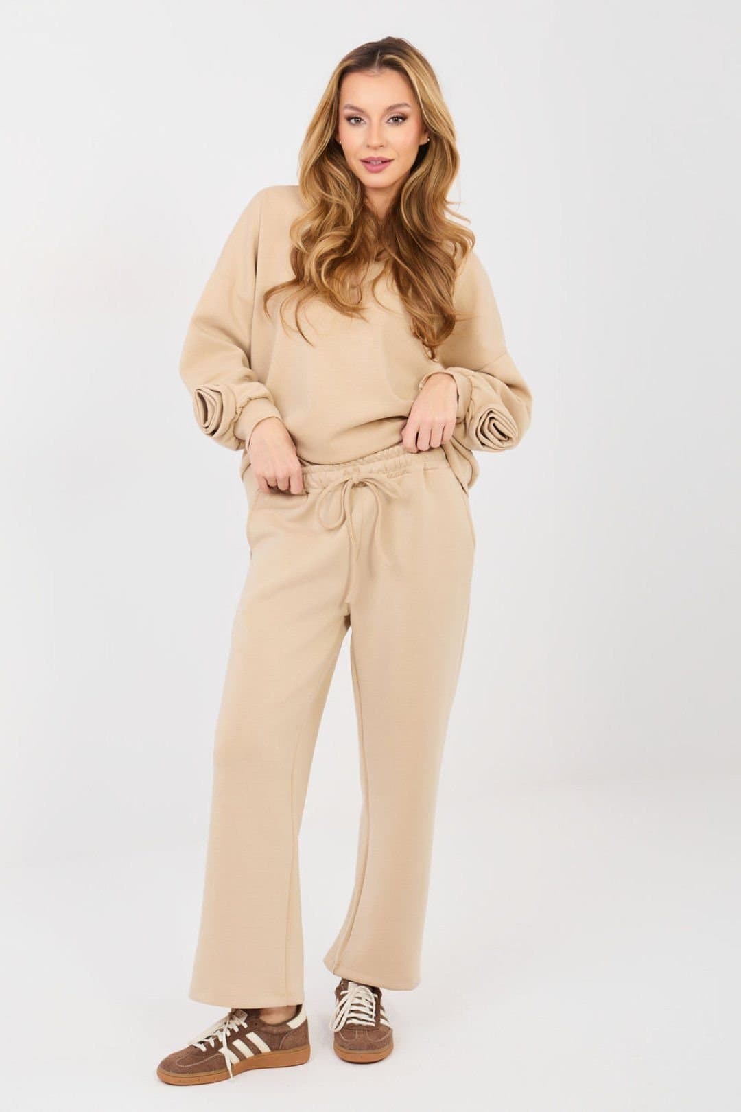 Love Lace Love Lace Women's Viscose Elastane Casual Sweatshirt Trousers Set in Beige