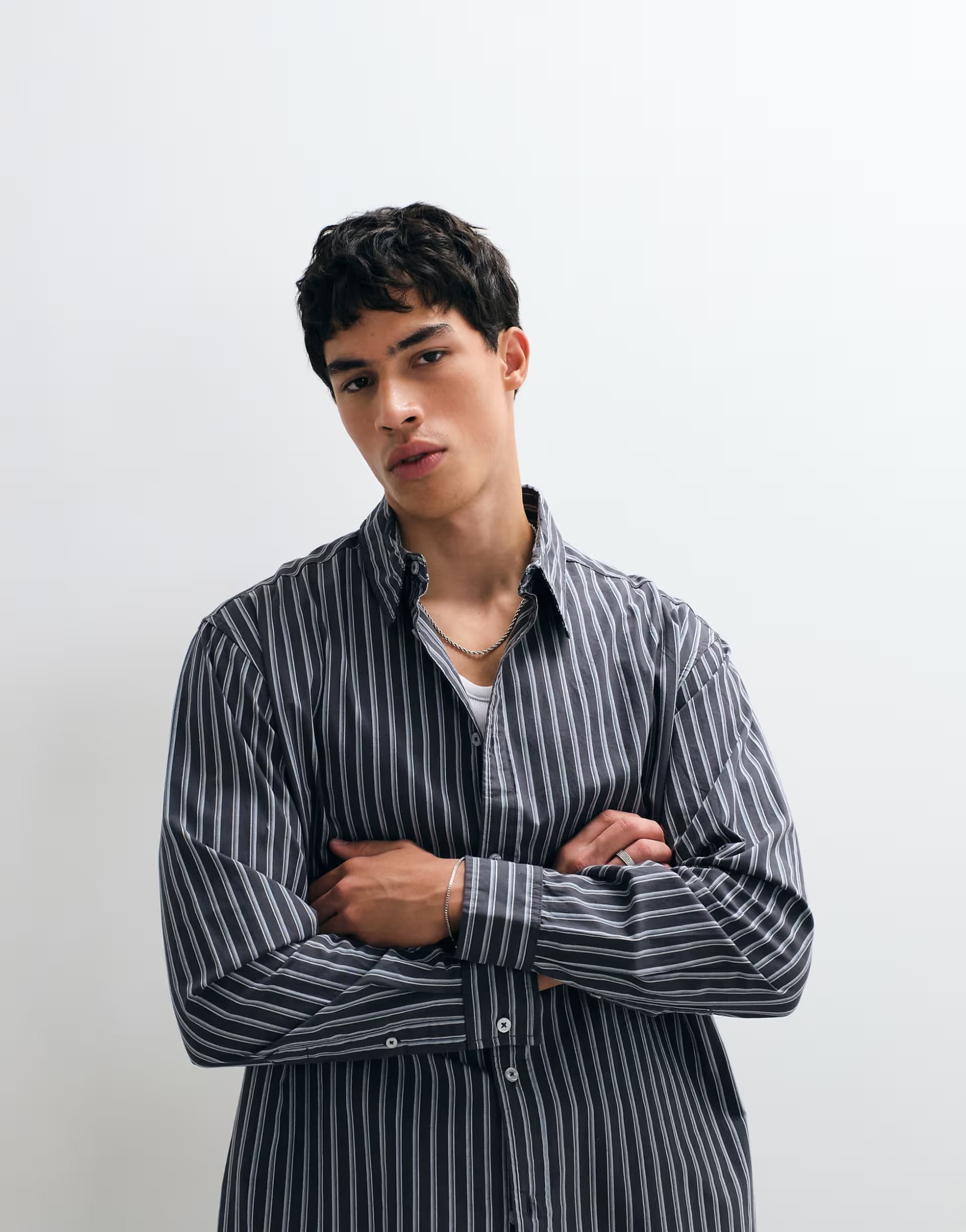 ASOS ONLY & SONS relaxed fit shirt in grey with white stripes