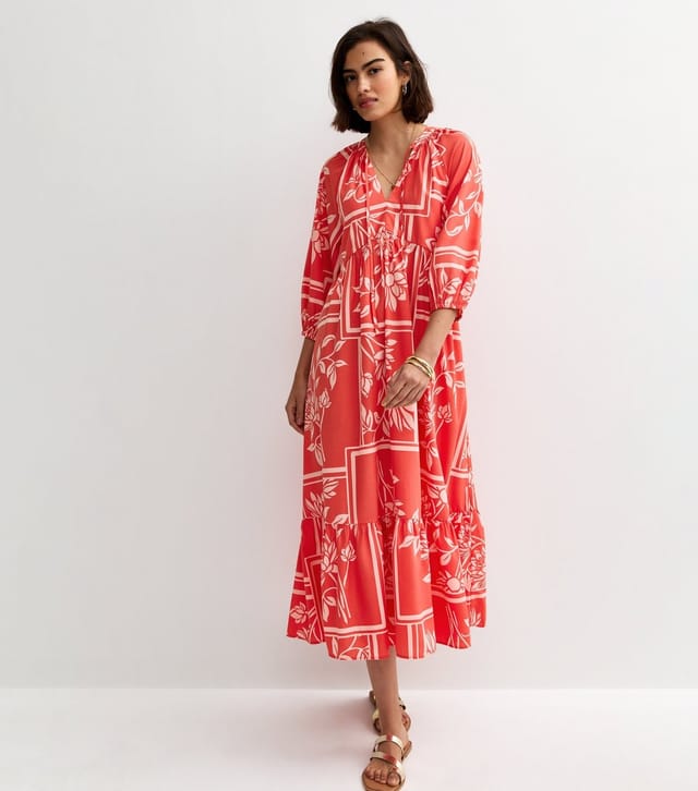 New Look Women's Red and Pink Floral Smock Midi Dress New Look - 3