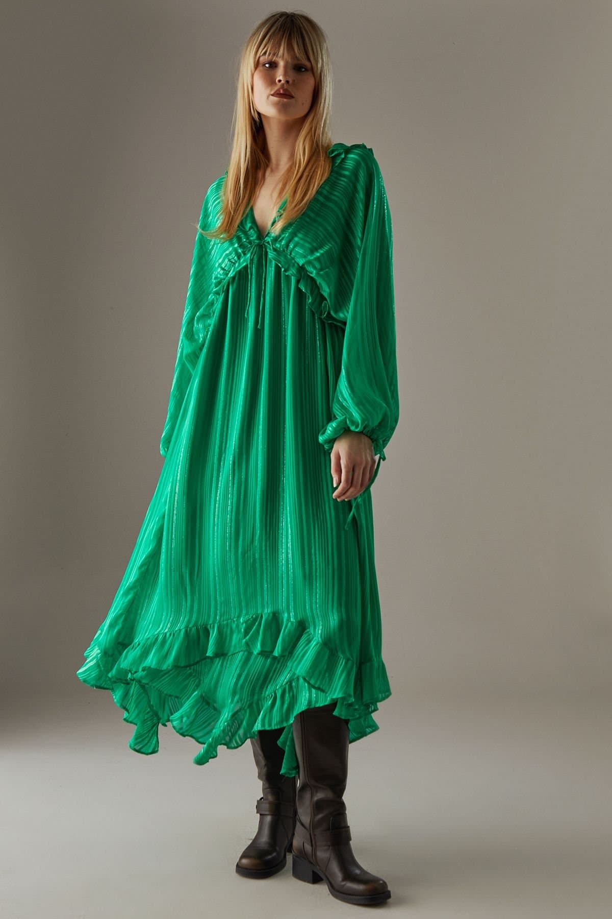 Warehouse Warehouse Women's Shadow Stripe Volume Sleeve Hanky Hem Midaxi Dress in Green