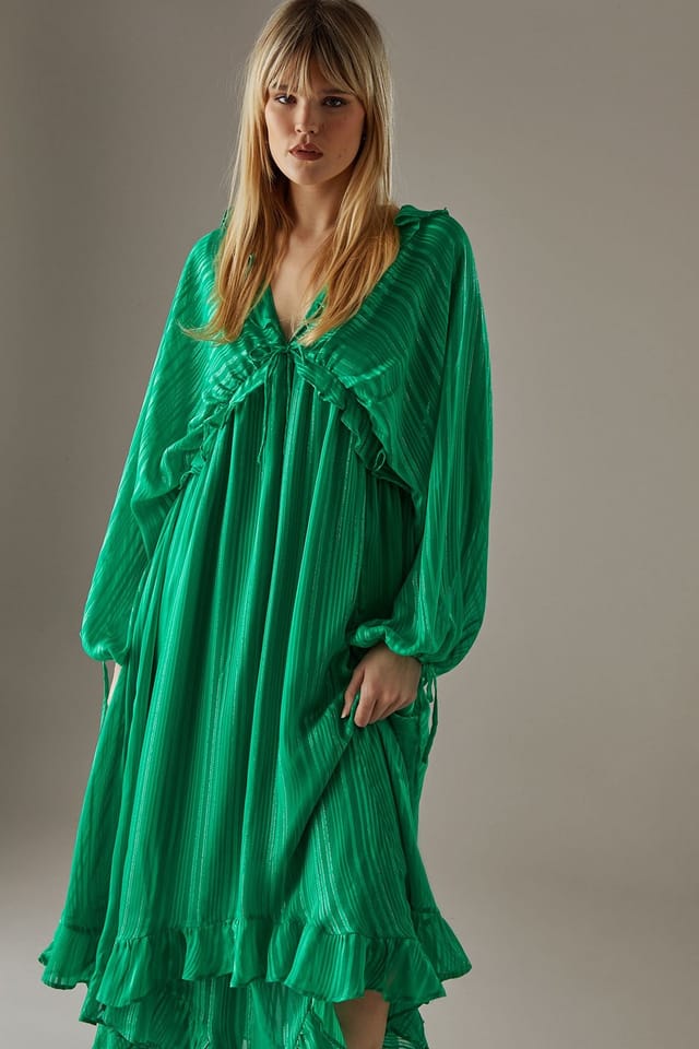 Warehouse Warehouse Women's Shadow Stripe Volume Sleeve Hanky Hem Midaxi Dress in Green - 2