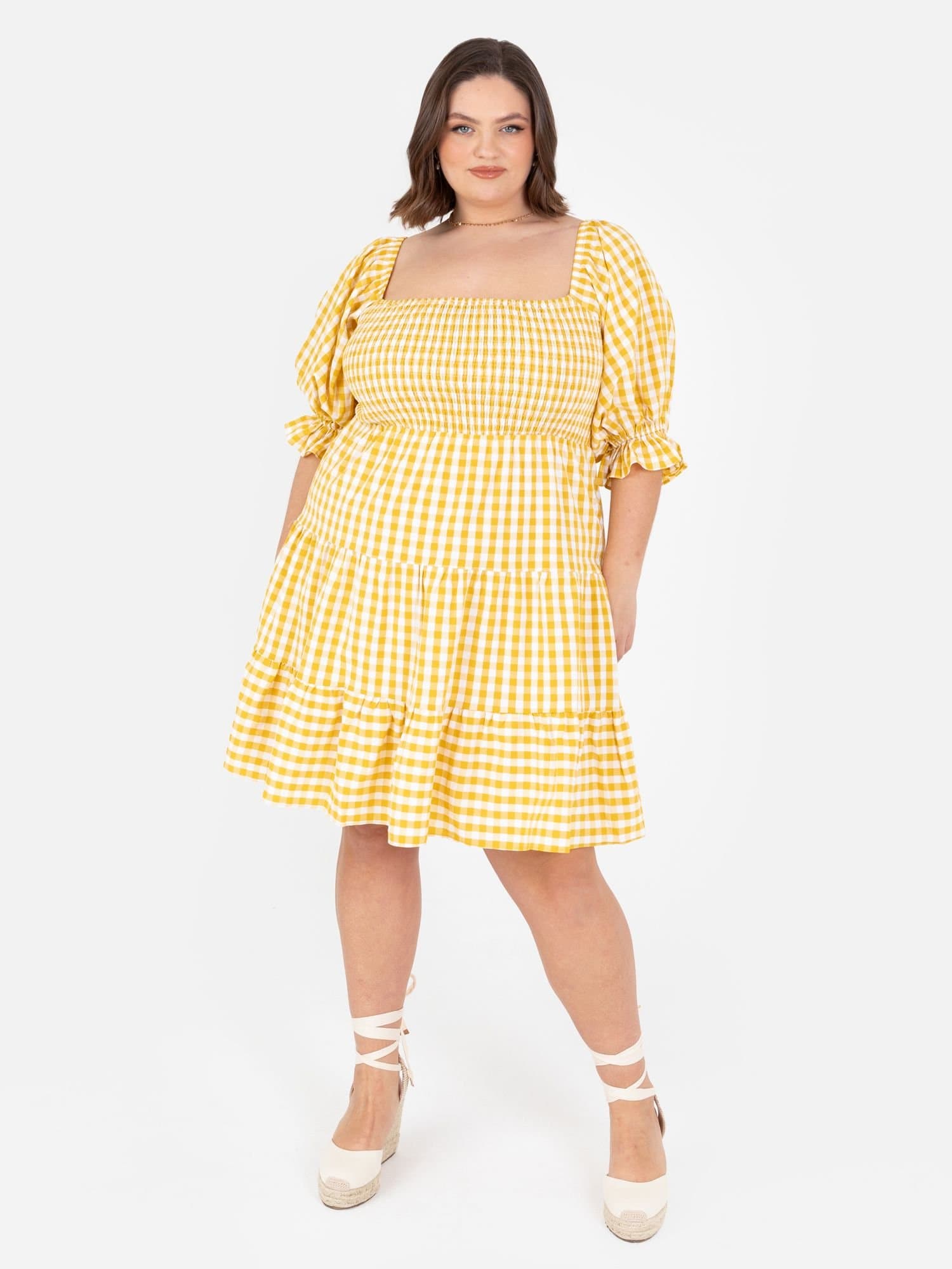 Lovedrobe Lovedrobe Women's Gingham Milkmaid Puff Sleeve Mini Dress in Yellow