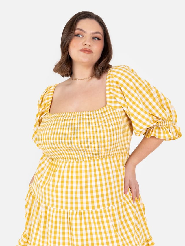 Lovedrobe Lovedrobe Women's Gingham Milkmaid Puff Sleeve Mini Dress in Yellow - 2