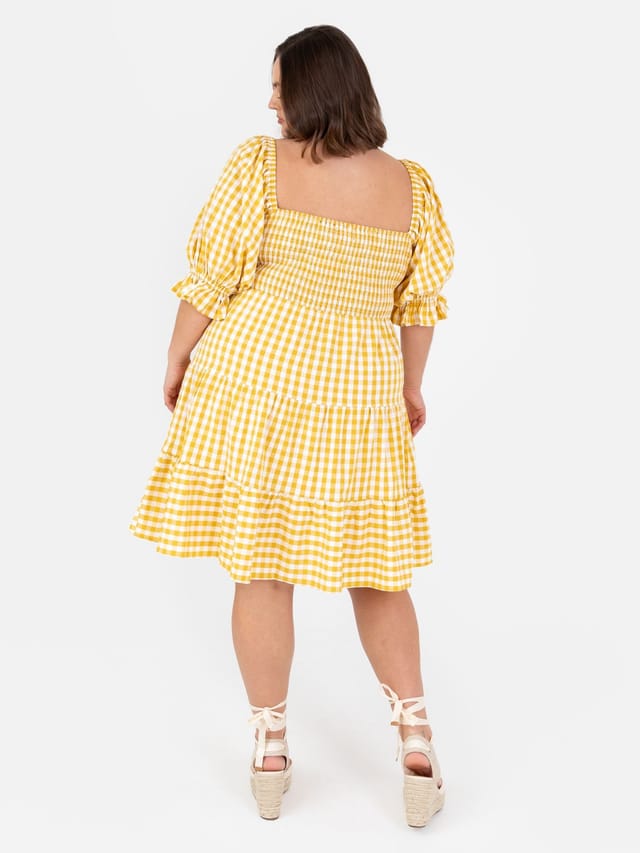 Lovedrobe Lovedrobe Women's Gingham Milkmaid Puff Sleeve Mini Dress in Yellow - 3