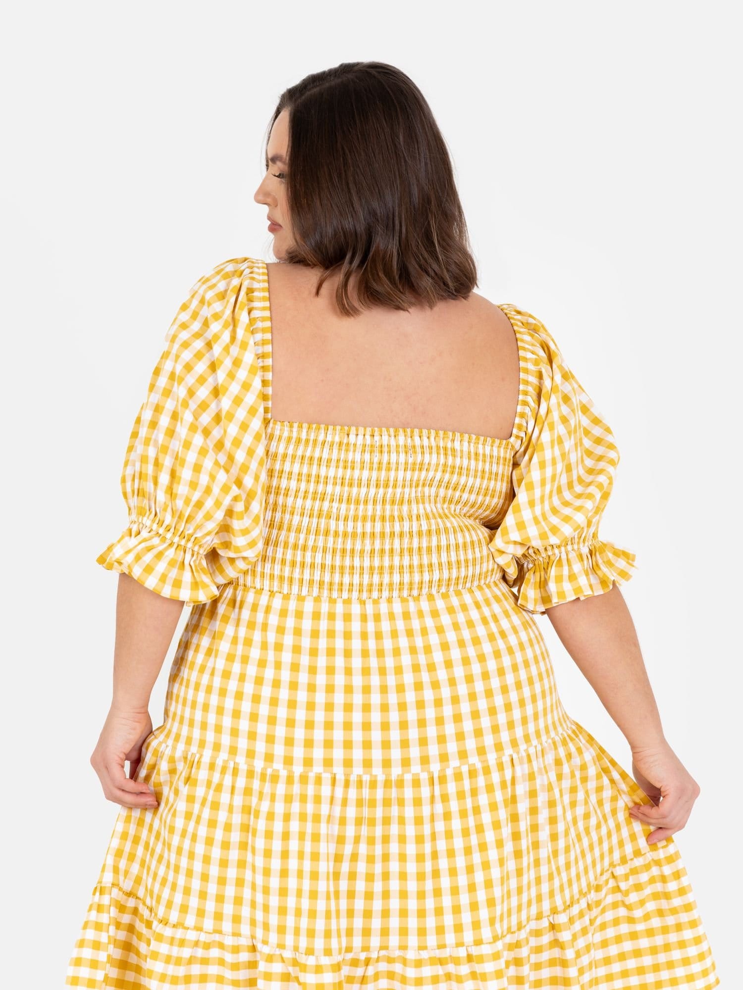 Lovedrobe Lovedrobe Women's Gingham Milkmaid Puff Sleeve Mini Dress in Yellow - 4