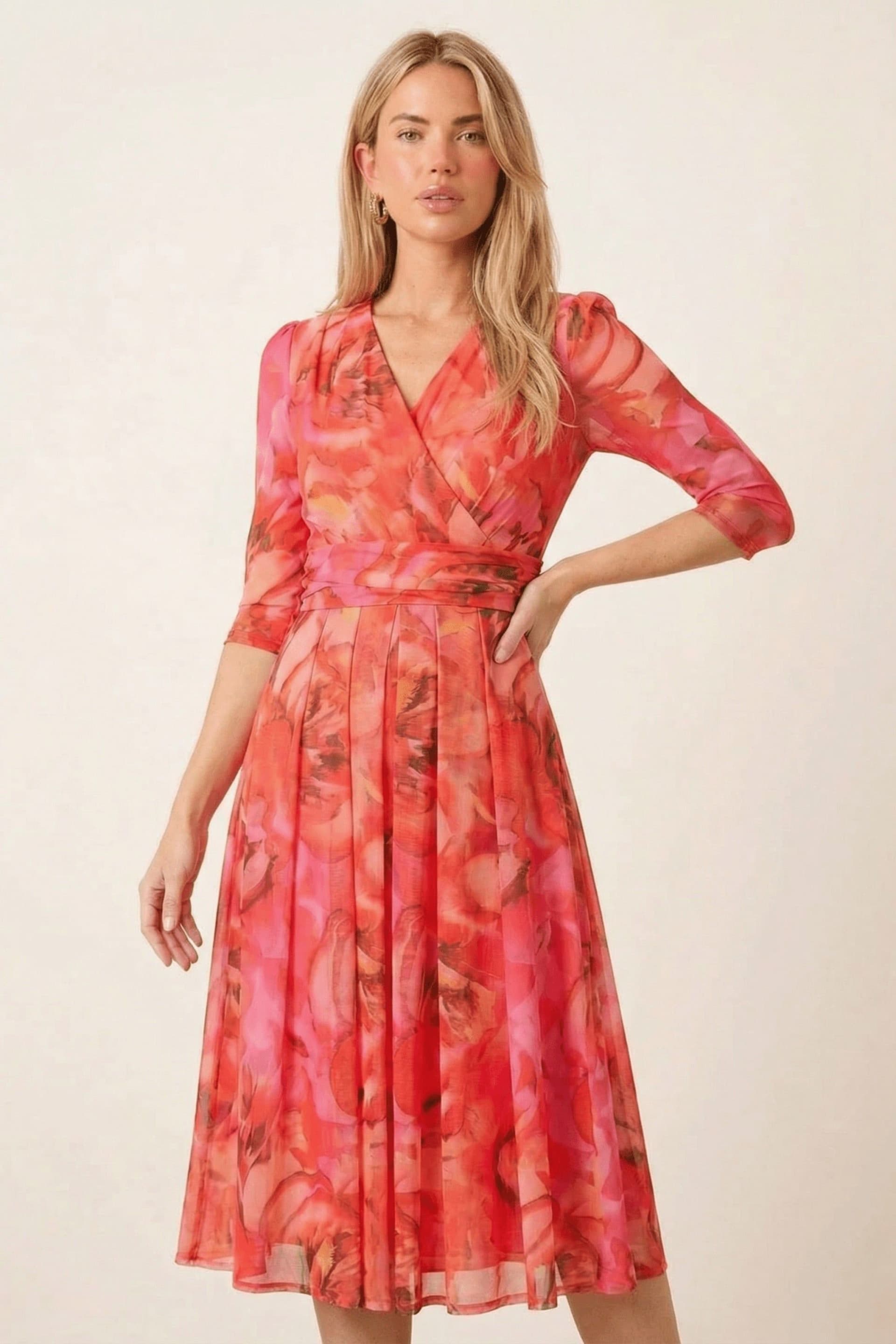 Style Cheat Style Cheat Women's Printed Long sleeve Pink Mesh Wrap Midi Dress